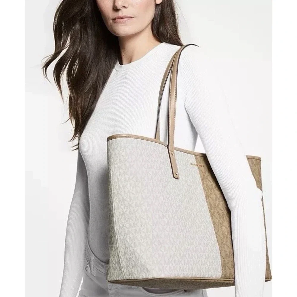 MICHAEL KORS Carter Signature Logo Beige White Cream Open Large Tote Bag $258 - Picture 6 of 10